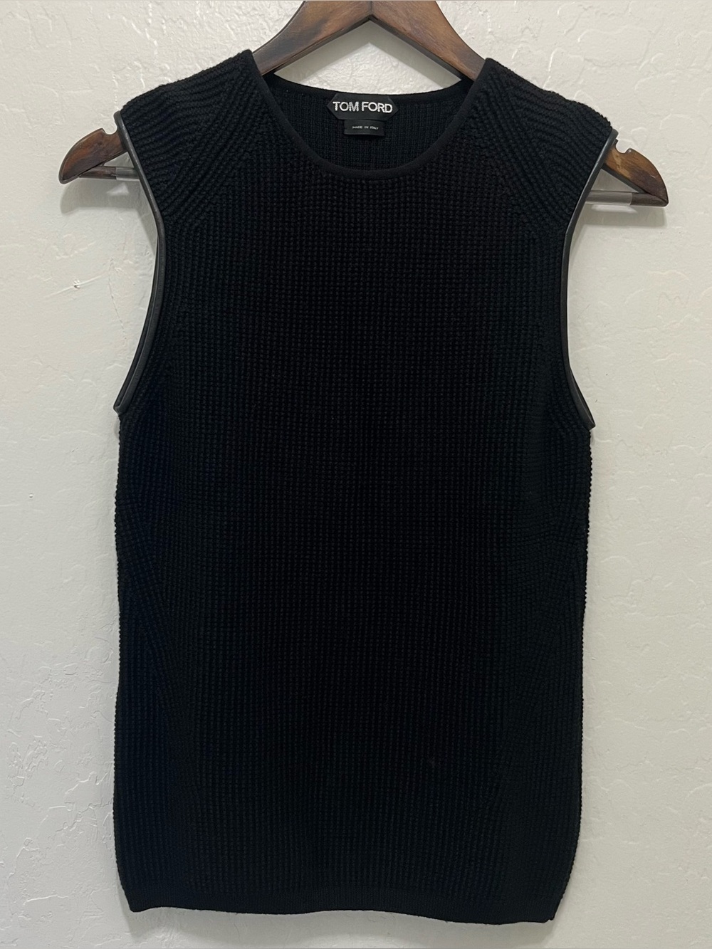 TOM FORD Black Wool Silk Knit Sweater Vest Leather Trim ITALY 42 TSK040